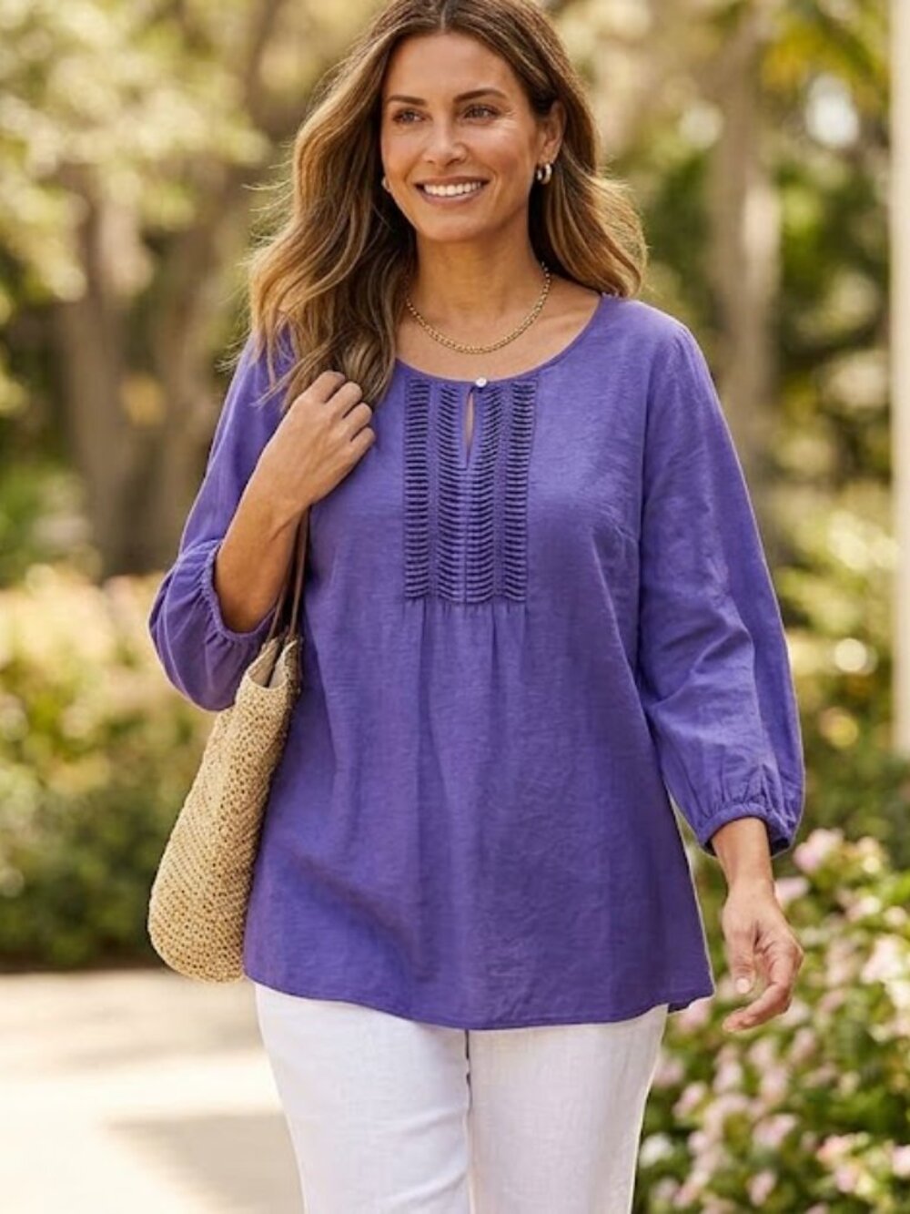 Chico's Violet Pintuck Peasant Tunic - Size 2 (Large) - Lightweight Boho Top